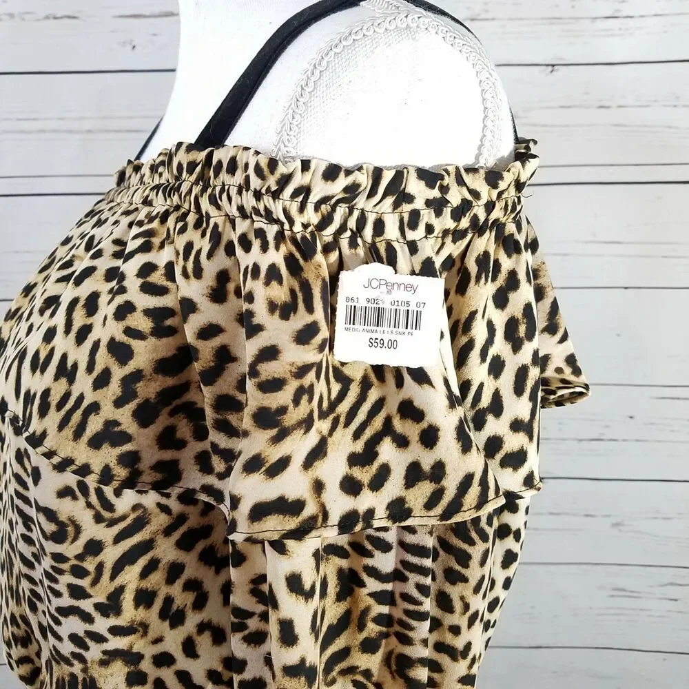 Libby Edelman Womens Leopard Print Off Shoulder Boho Festival Swing Dress NWT M